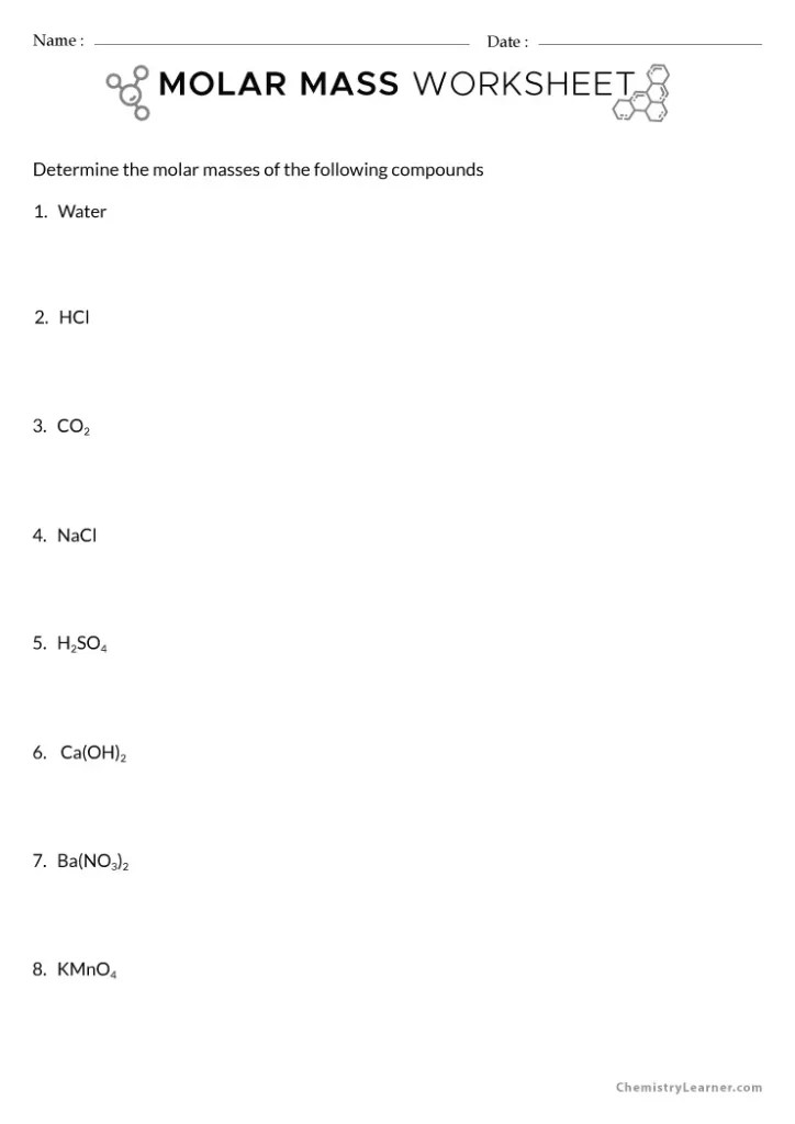 Free Printable Molar Mass Worksheets