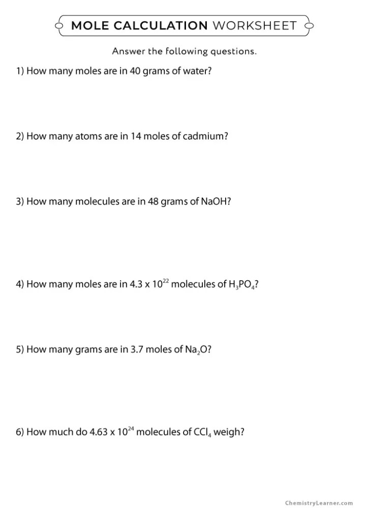 Free Printable Mole Calculation Worksheets