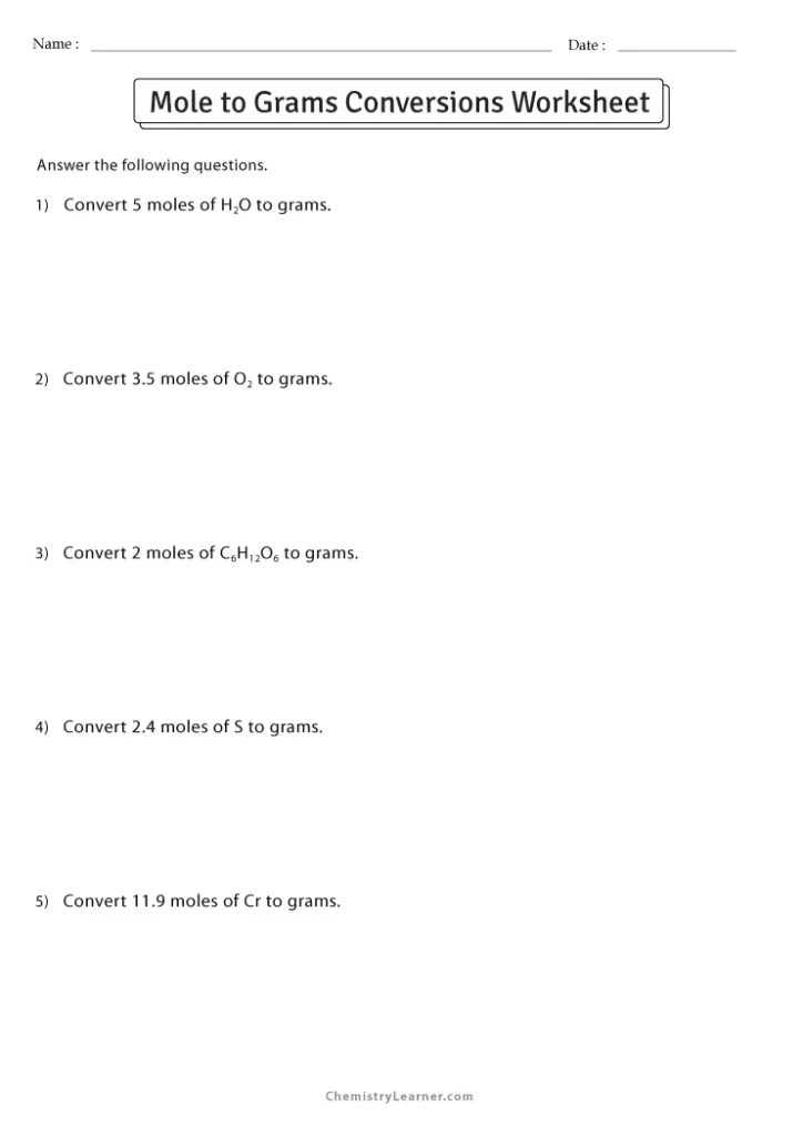 Free Printable Mole Conversion Worksheets