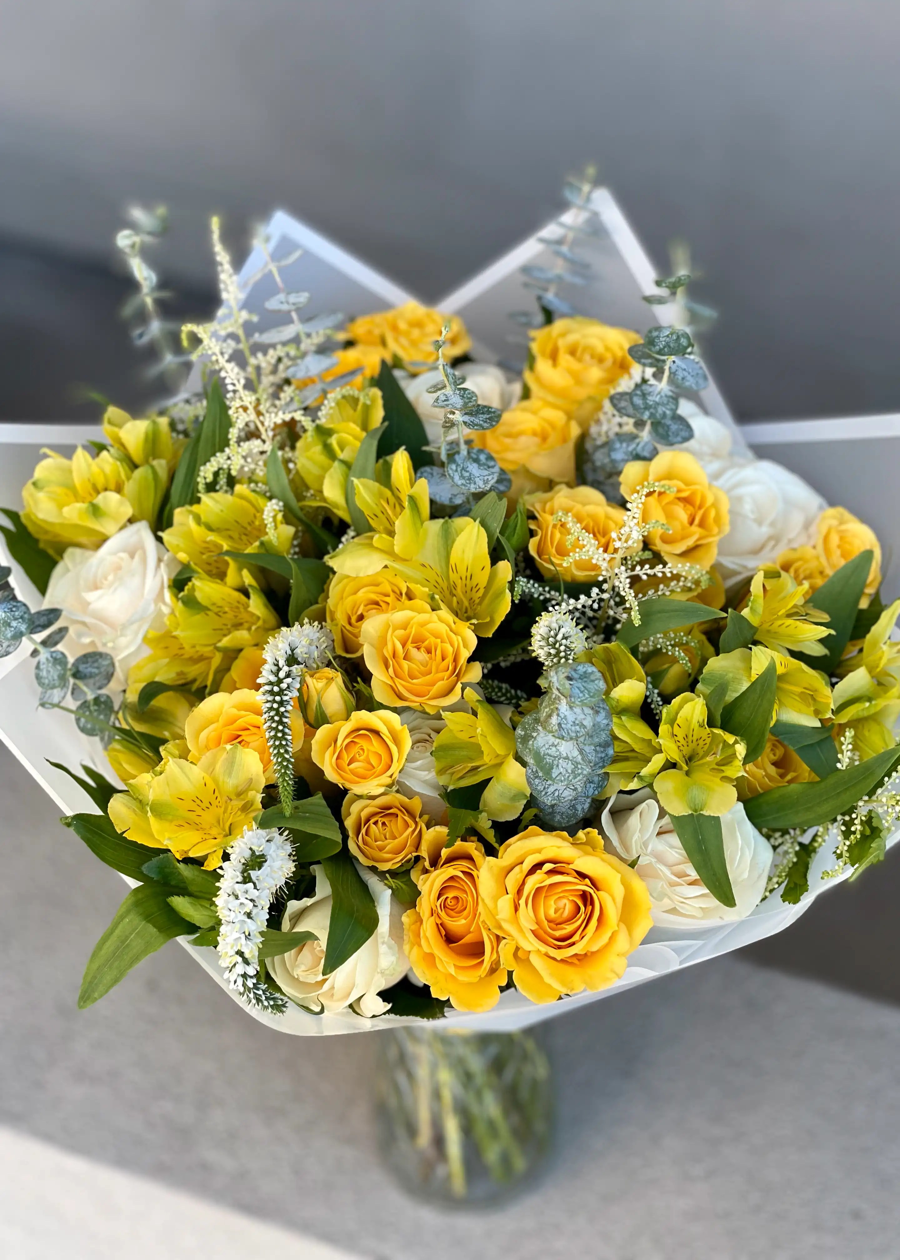 NO. 124. Honey Shade Bouquet (roses, alstroemeria, astilbe, eucalyptus