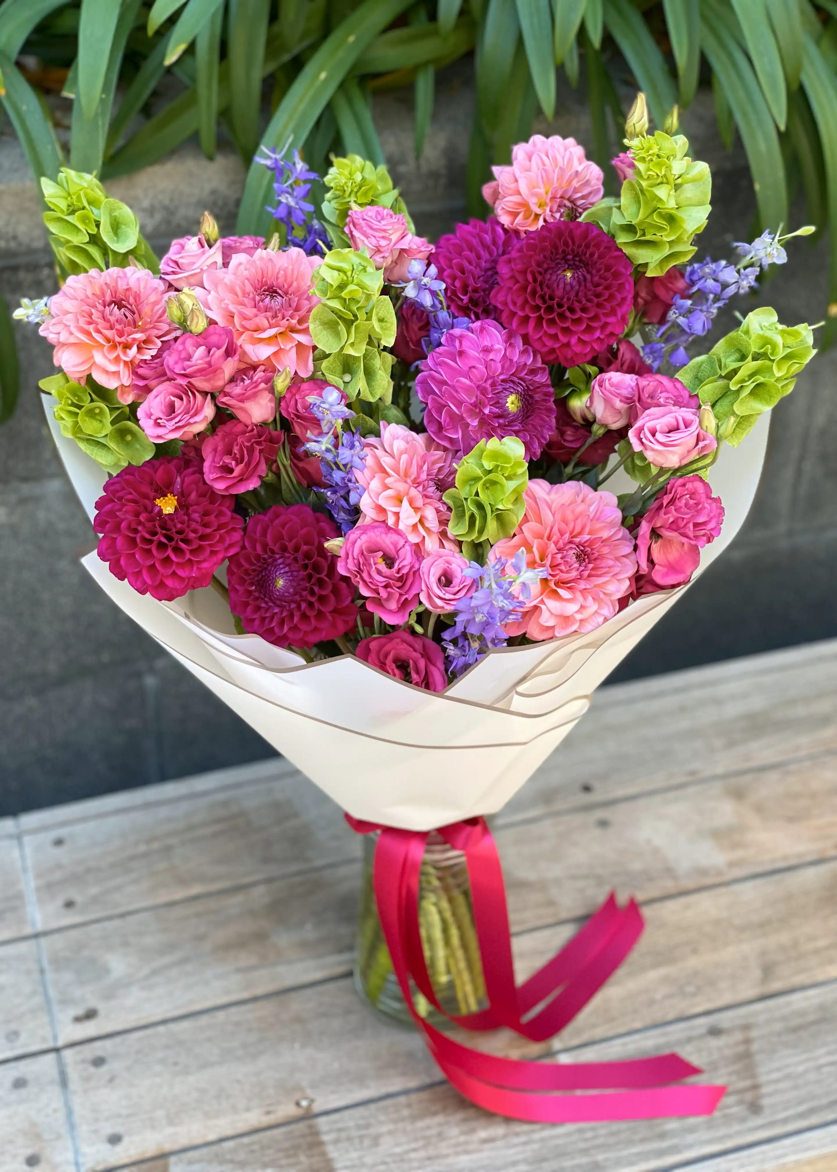 NO. 117. Burgundy Tropic Dahlias (dahlia, lisianthus, larkspur, greene