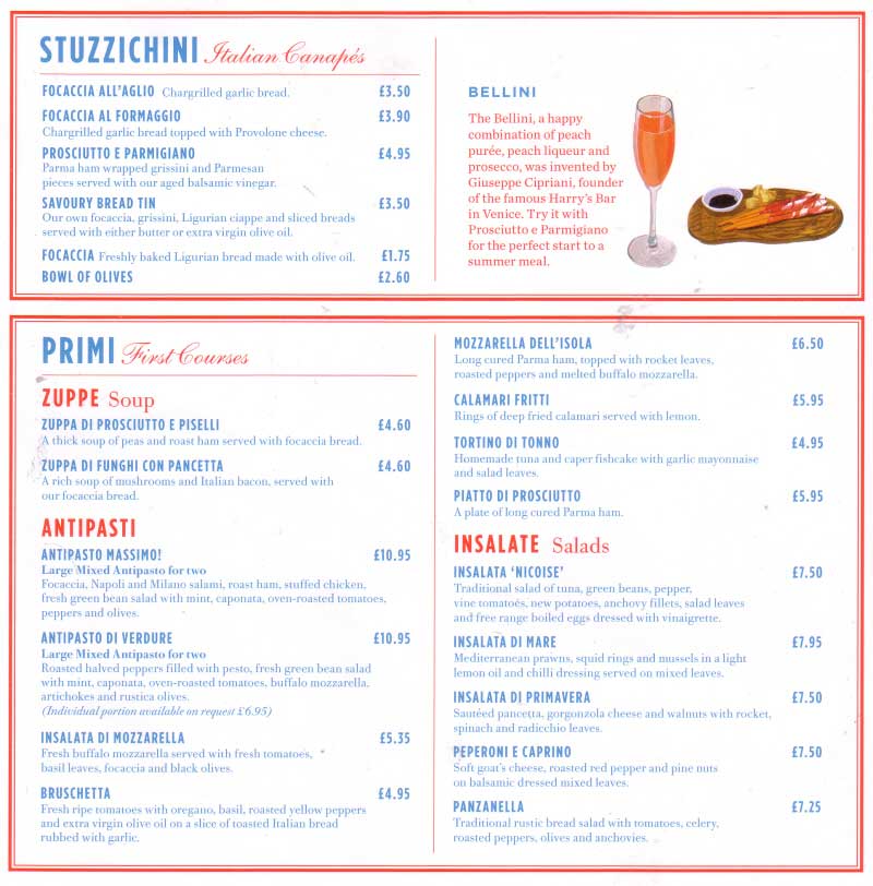 Chester Tourist Carluccio's Menu Bridge Street