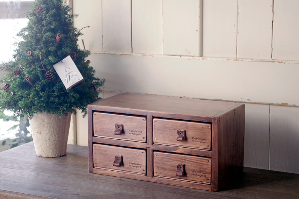 テーブルトップ4ドロワーボックス｜アンティーク風木製小引出し｜通販 商品詳細