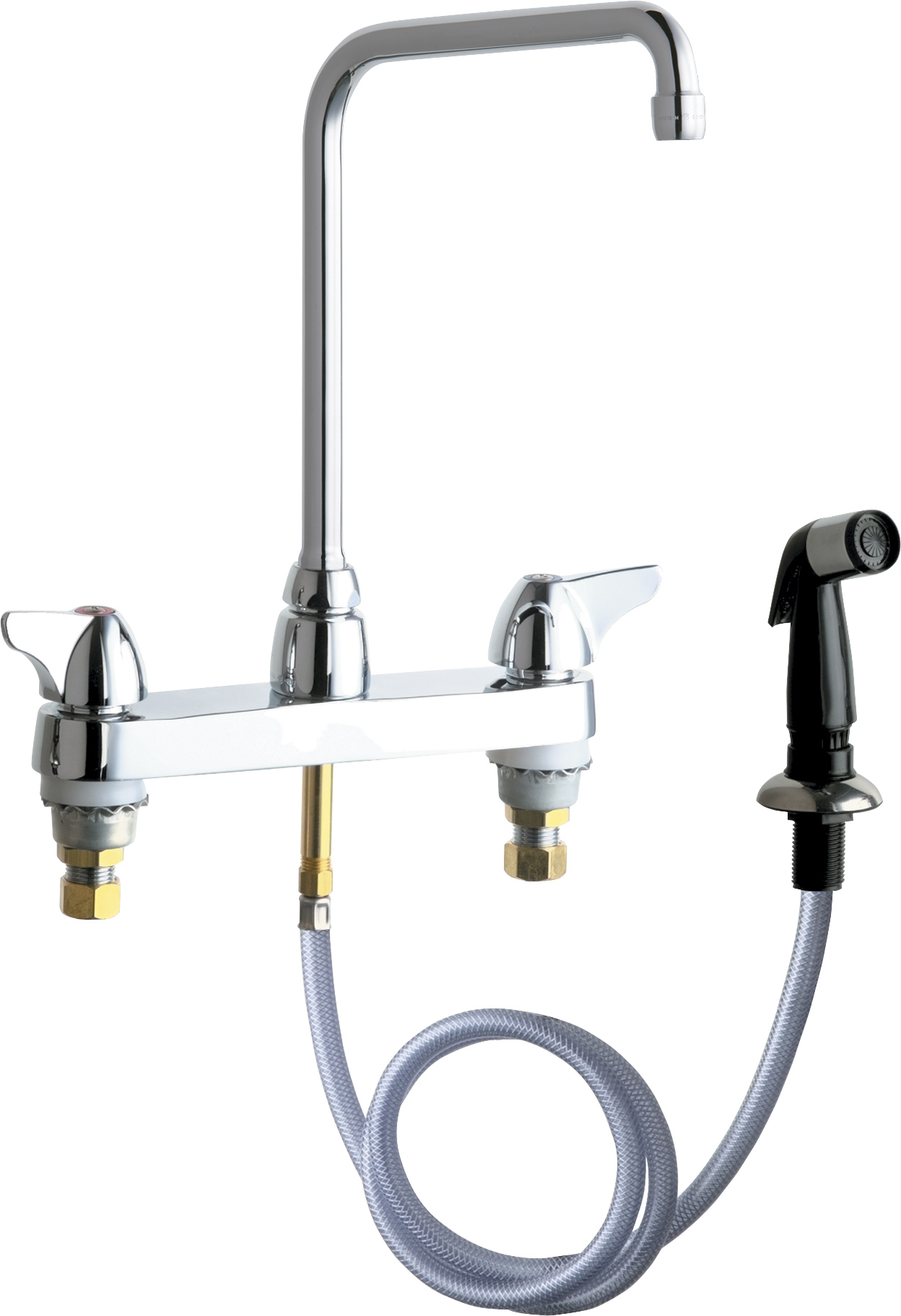 Deckmounted manual faucet, 8" centers, with side spray Chicago Faucets