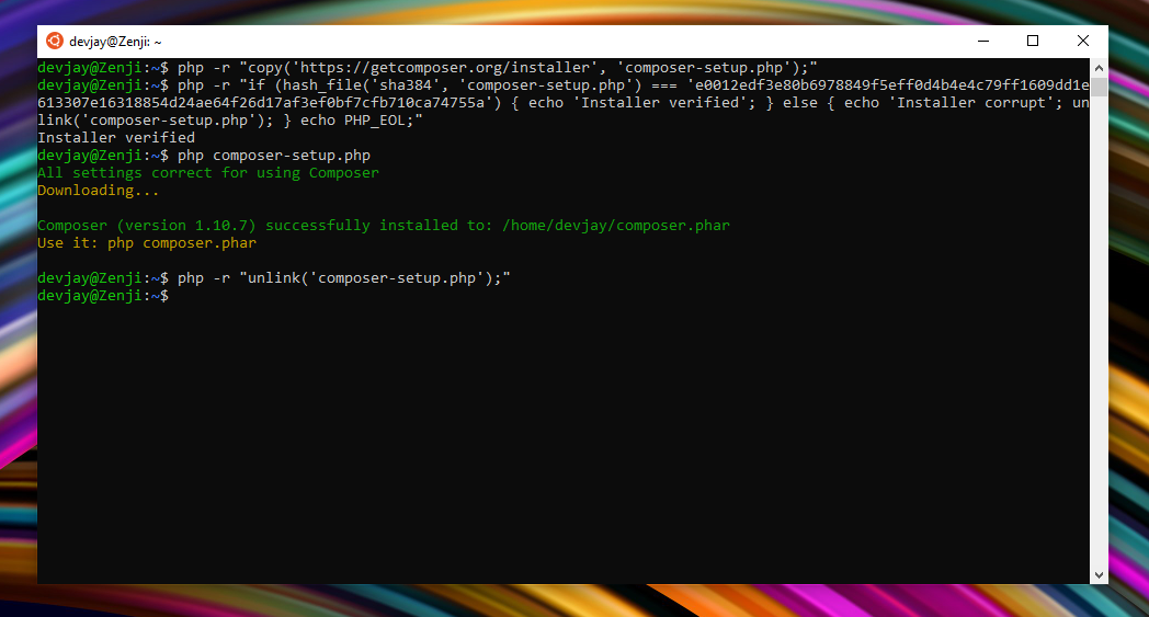 Install PHP 7 and Composer on Windows 10 through Ubuntu in