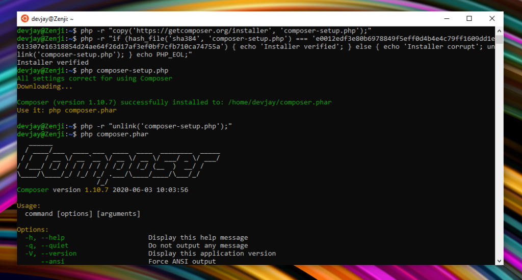 Install PHP 7 and Composer on Windows 10 through Ubuntu in