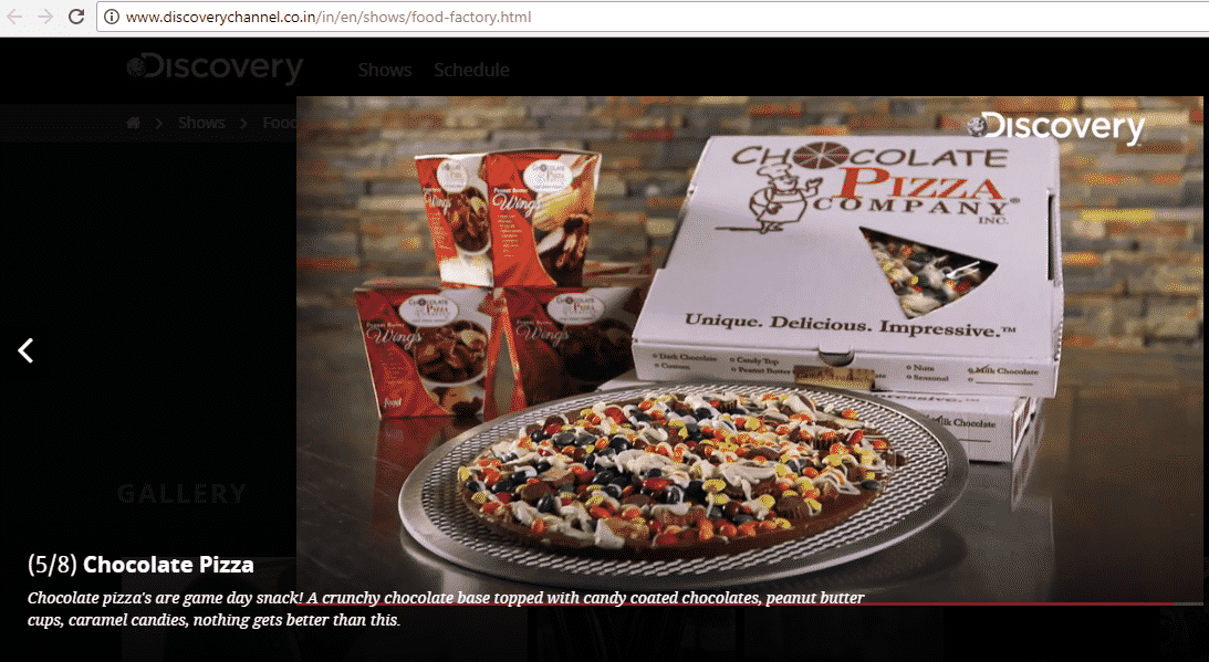 Discovery Channel India Food Factory TV Chocolate Pizza Company