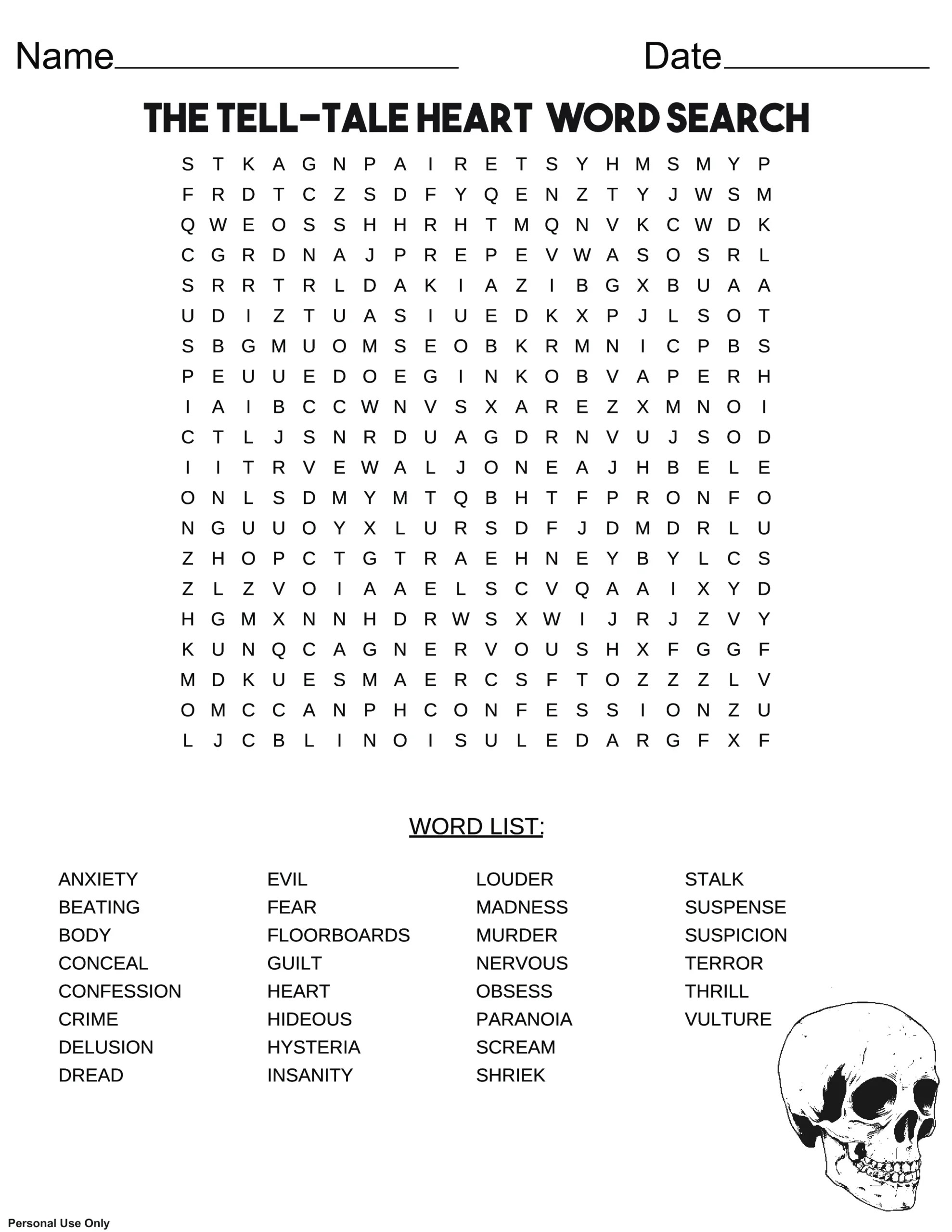 The TellTale Heart Word Search Free Printable PDF