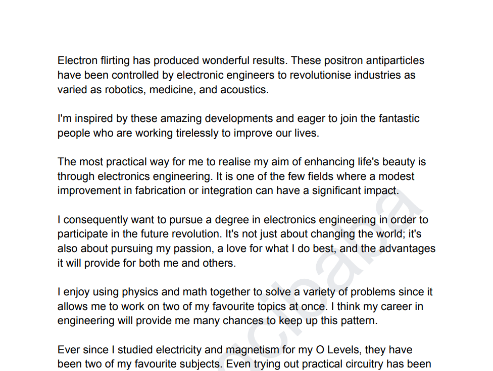 Electrical and electronic engineering degree personal statement sample