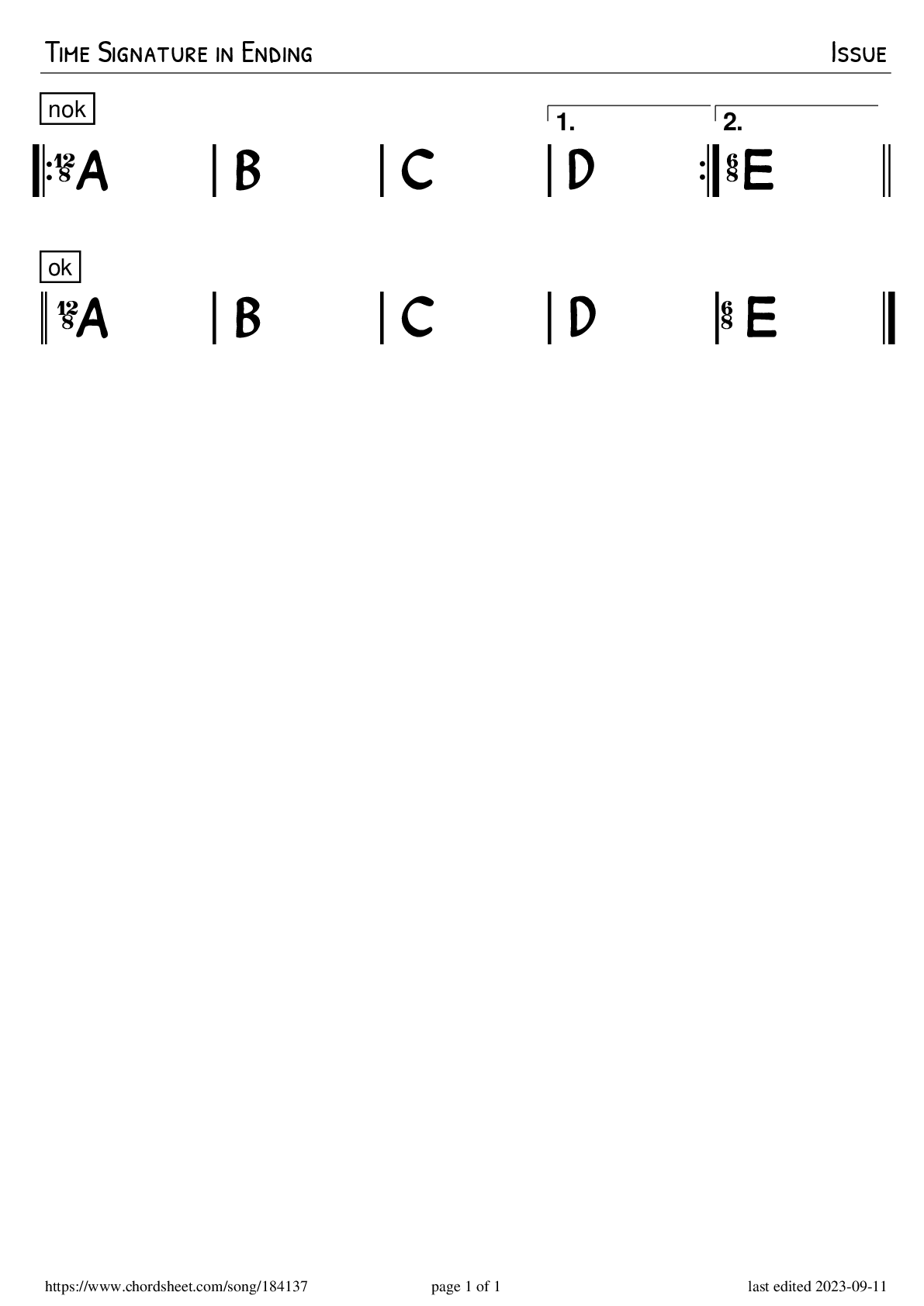 Time Signature in Ending · Issue · PNG Preview· Chord Sheet Maker Online