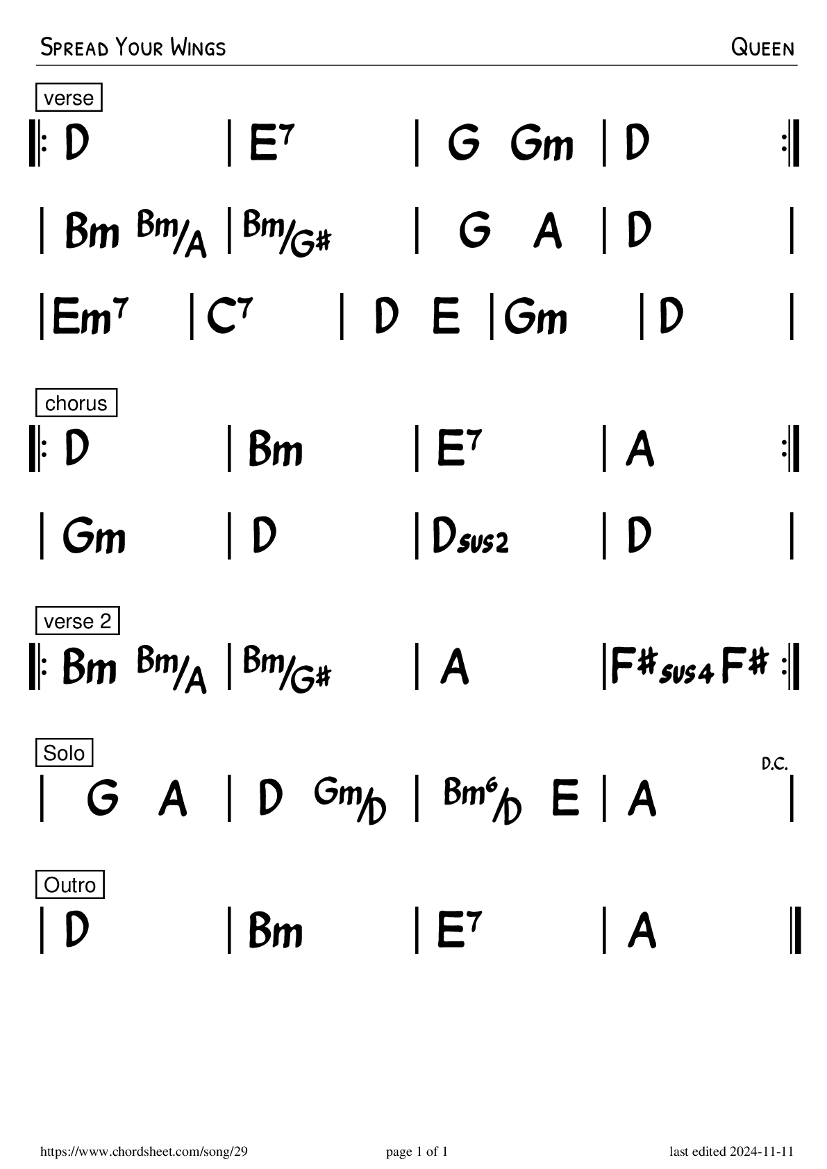 Spread Your Wings · Queen · PNG Preview· Chord Sheet Maker Online
