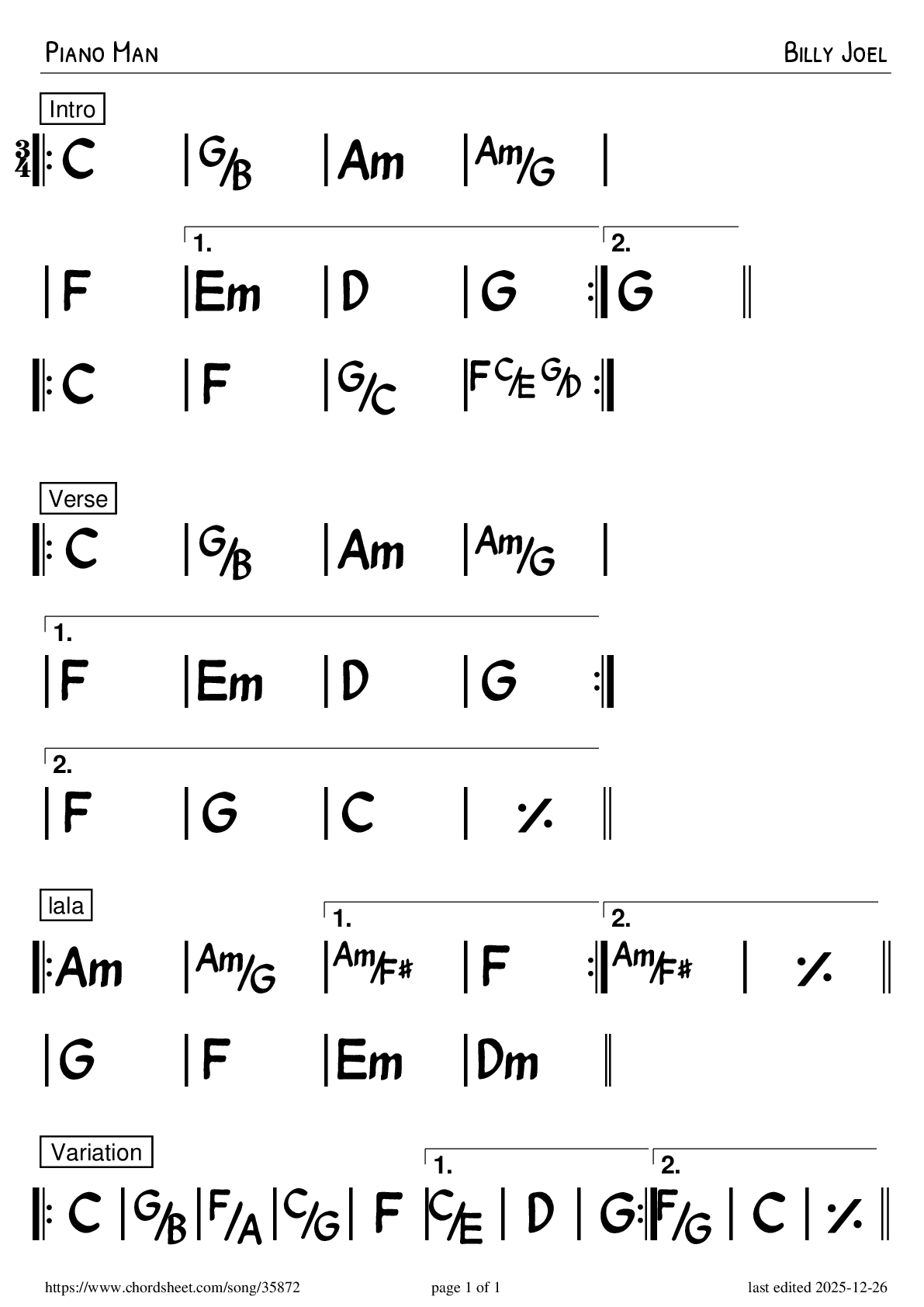 Piano Man · Billy Joel · PNG Preview· Chord Sheet Maker Online