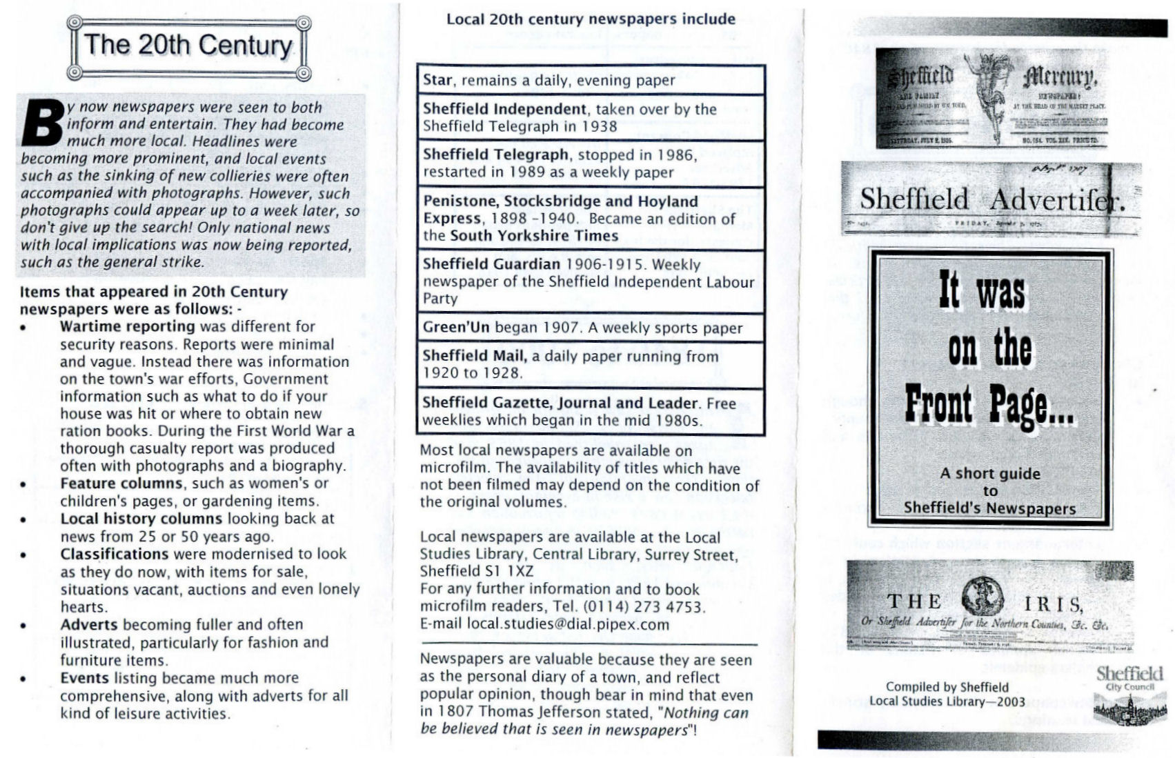 Sheffield Newspapers 1754 1978