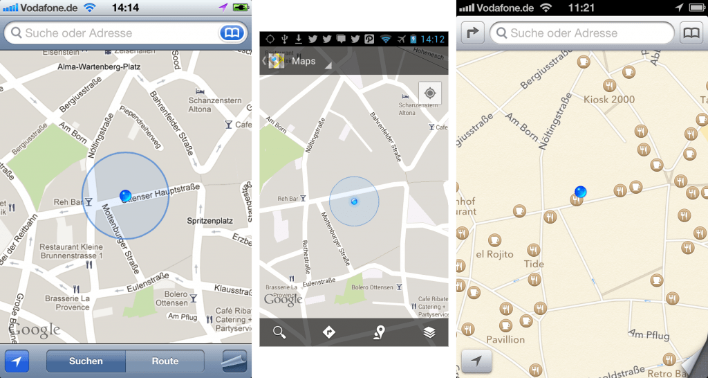 Google Maps for iOS 5, Google Maps 6.9.2 on Android 4.11 and iOS6 Maps