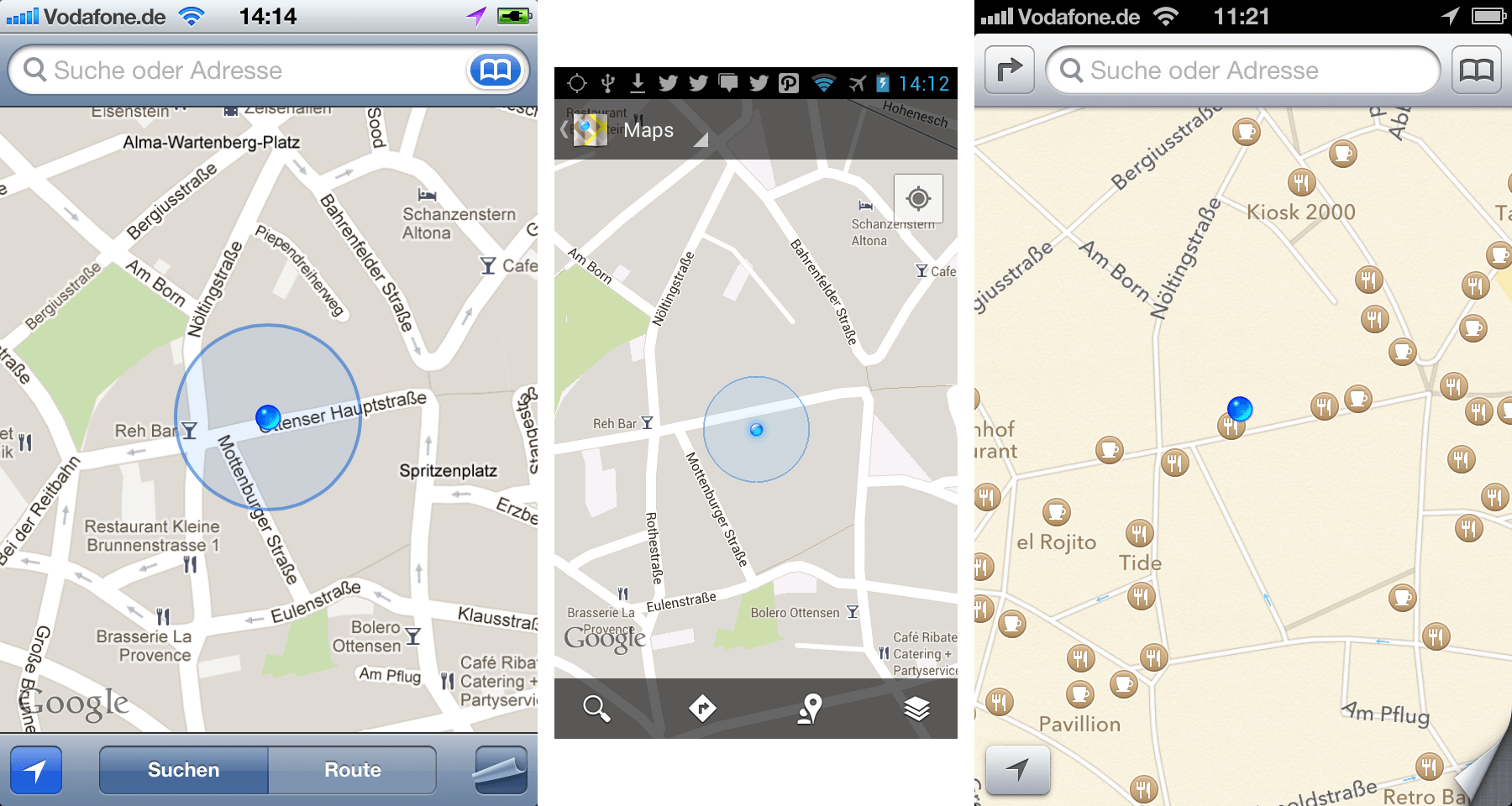Google Maps for iOS 5, Google Maps 6.9.2 on Android 4.11 and iOS6 Maps