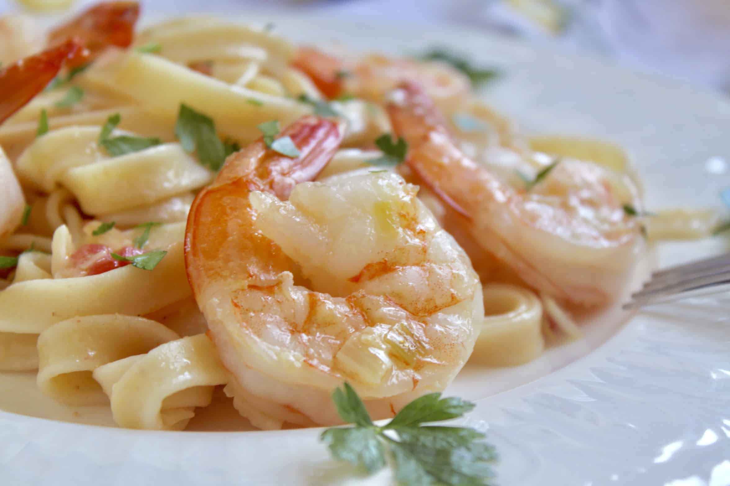 Shrimp Fettuccine with a Light Cream Sauce and Tomatoes Christina's