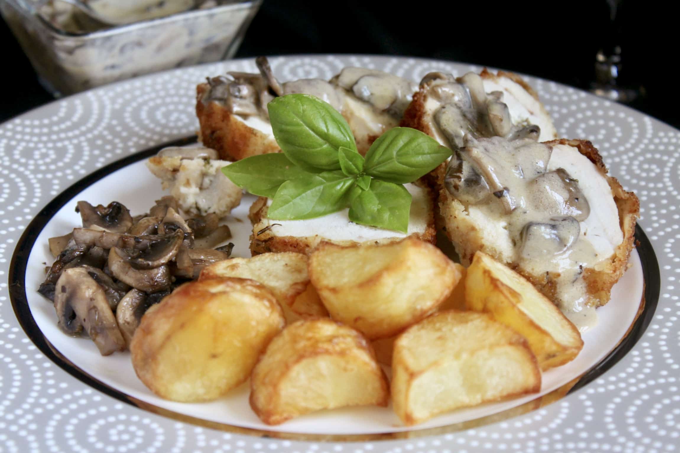 Stuffed Chicken Breast with Goat Cheese, Basil, and a Mushroom Sauce