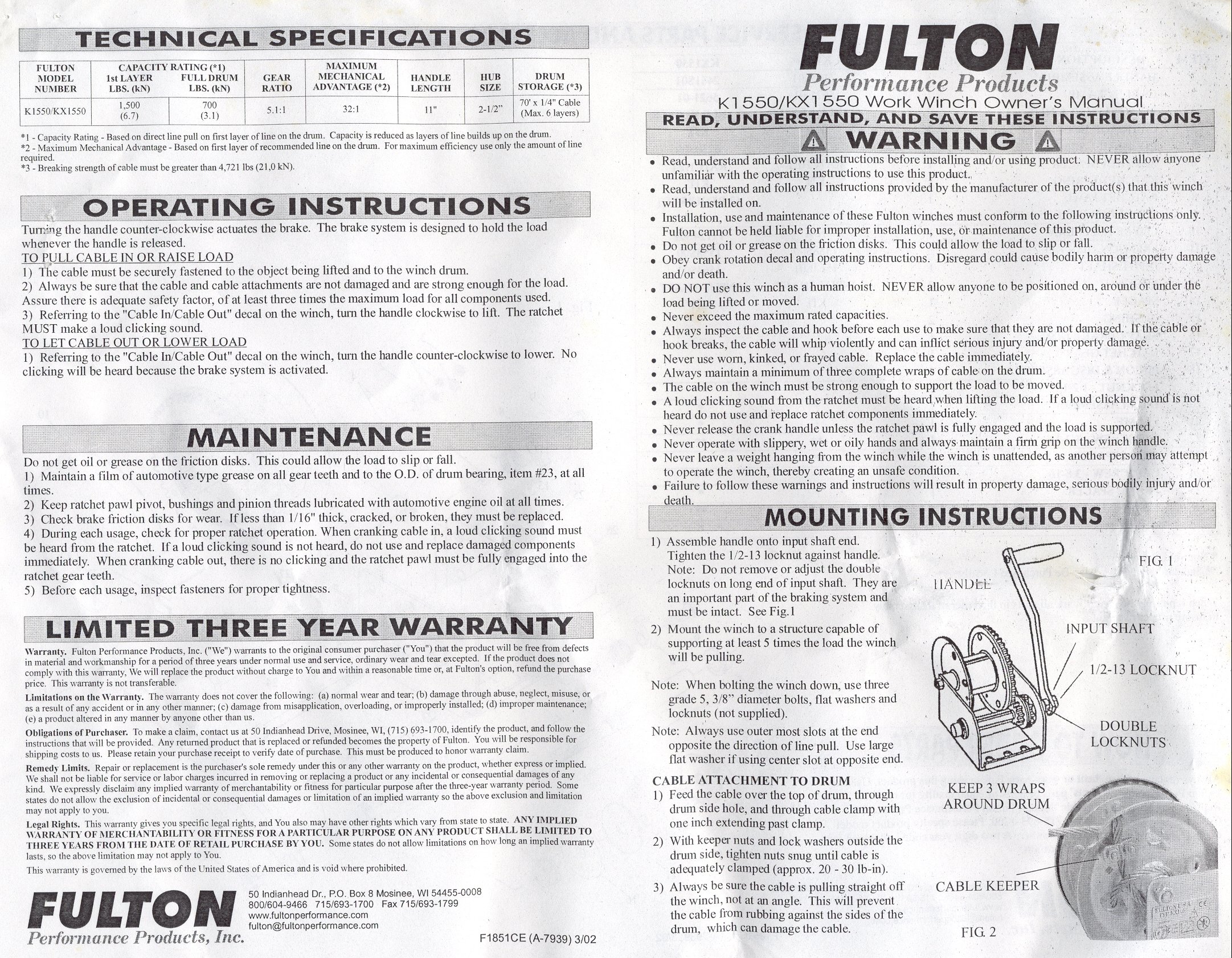 Fulton K2550 owners manual
