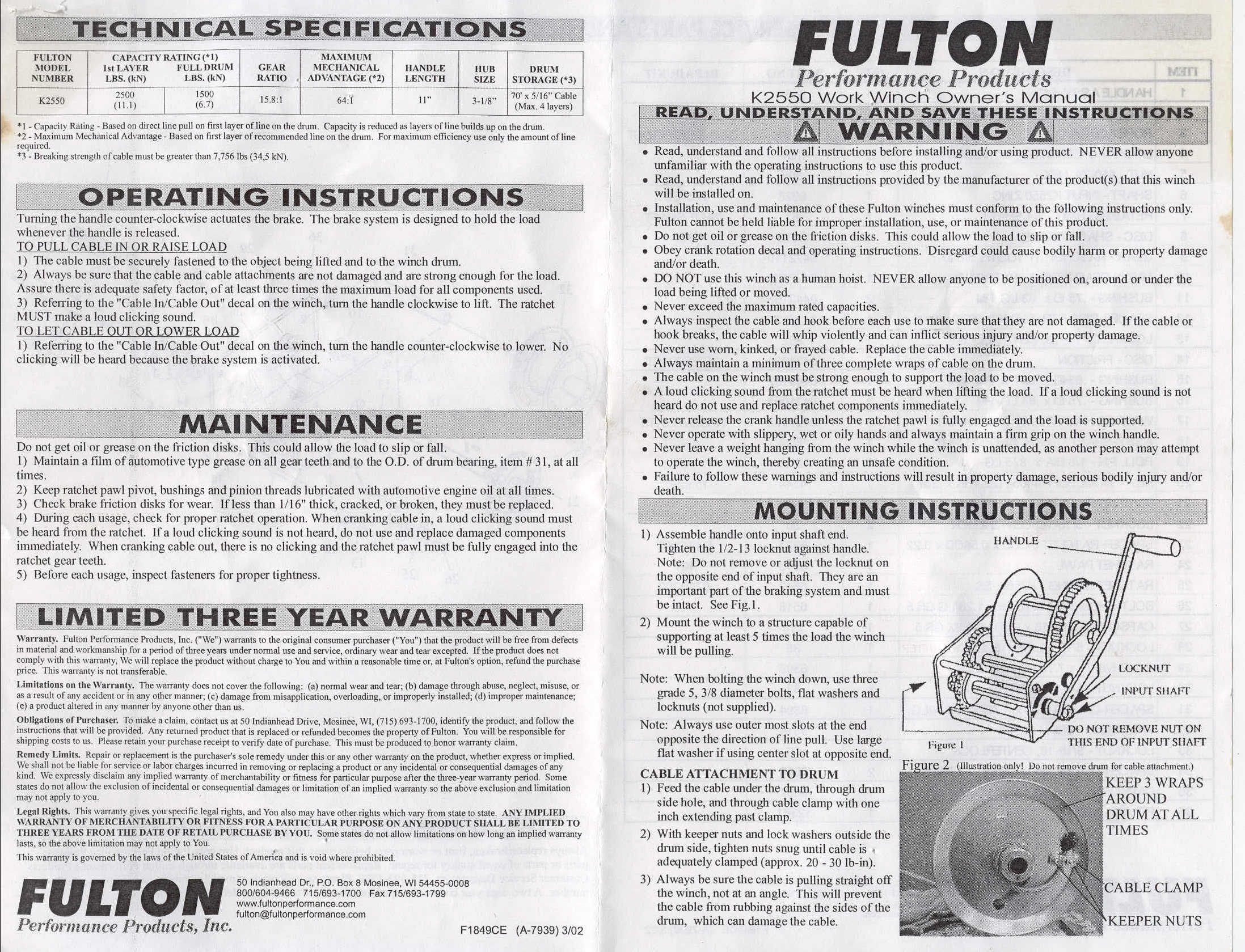 Fulton K2550 owners manual