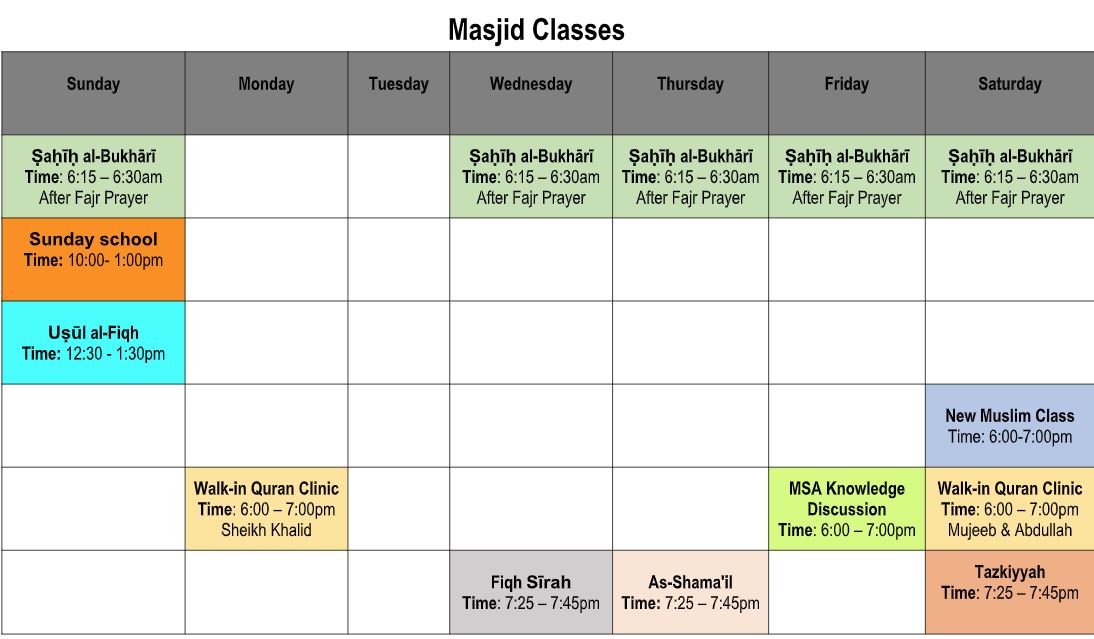 Masjid Classes Timetable CIMIC