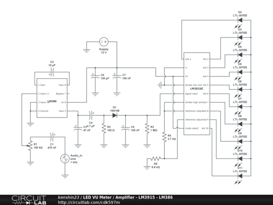 Led Vu Meter Amplifier Lm3915 Lm386 Circuitlab