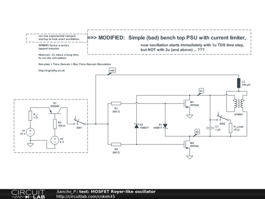 test: MOSFET Royer-like oscillator - CircuitLab