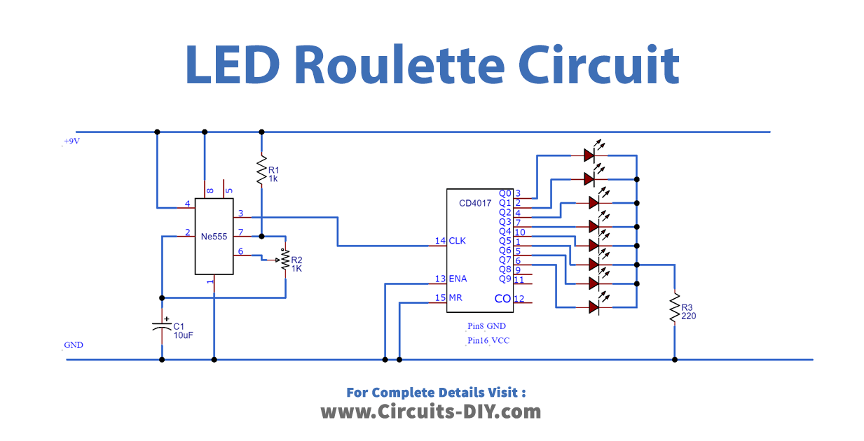 LED Roulette Circuit using 555 timer IC Roulette Game