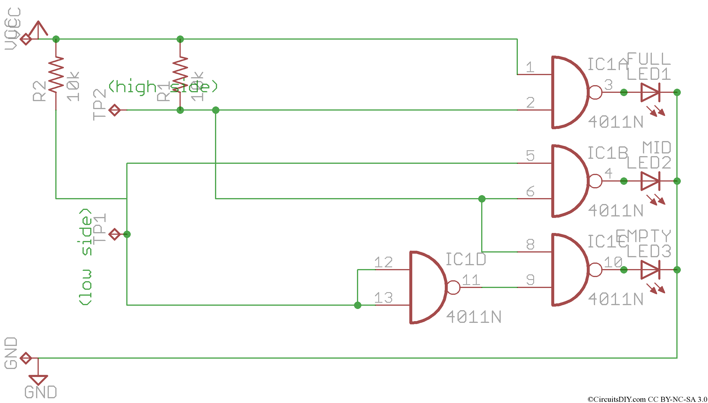 Simple Water level indicator circuit using Logic IC – Circuits DIY