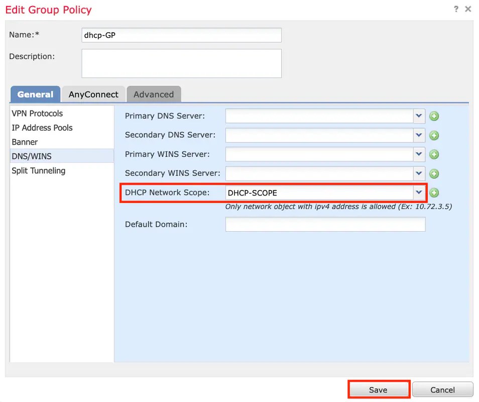 Configure Anyconnect VPN Client on FTD DHCP Server for Address