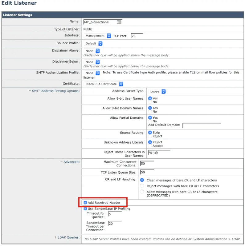 How do I stop the ESA from adding a received header to my outgoing