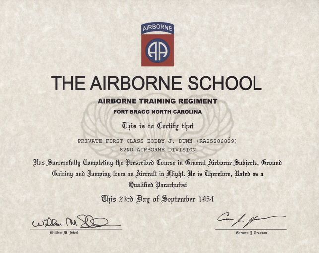 Airborne Basic School 50's & 60's Fort Benning Certificate of Completion