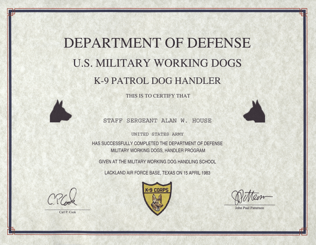 DOD K9 Dog Handler Certification, Replacement Certificate