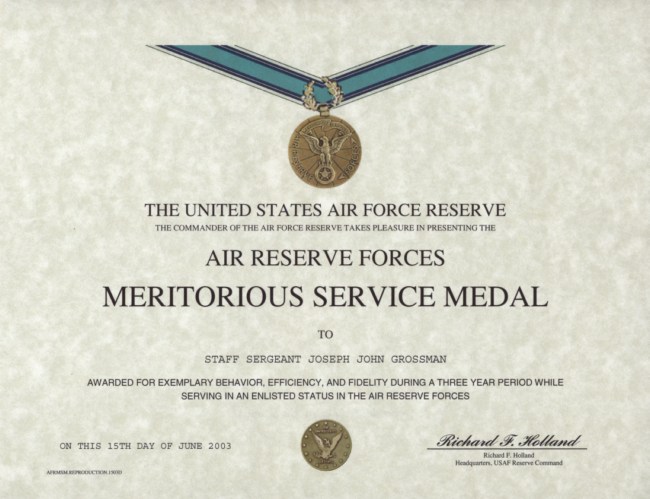 Air Reserve Forces Meritorious Service Medal Certificate