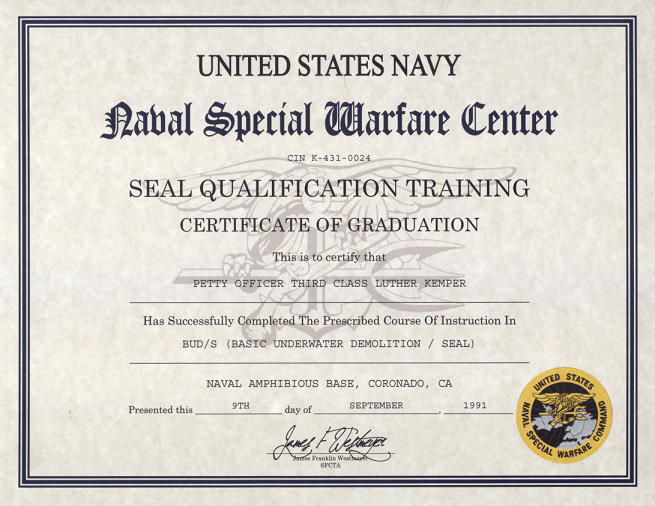 Navy Basic Underwater Demolition School (BUDS) Certificate, Seal