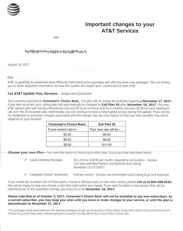 AT&T Consumer's Choice plans end Nov. 17 Citizens Utility Board