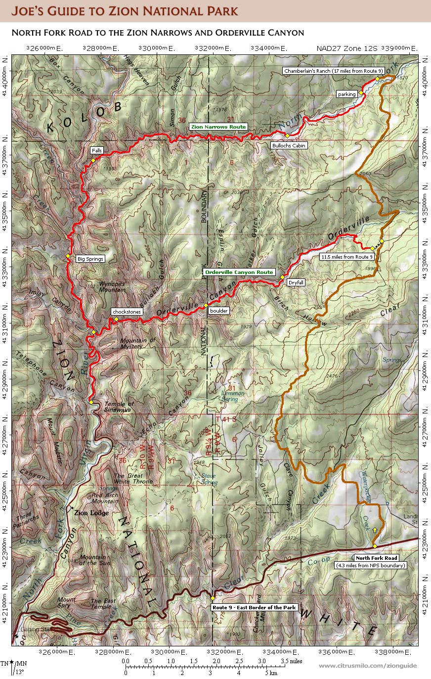 Joe's Guide to Zion National Park North Fork Road Driving Map