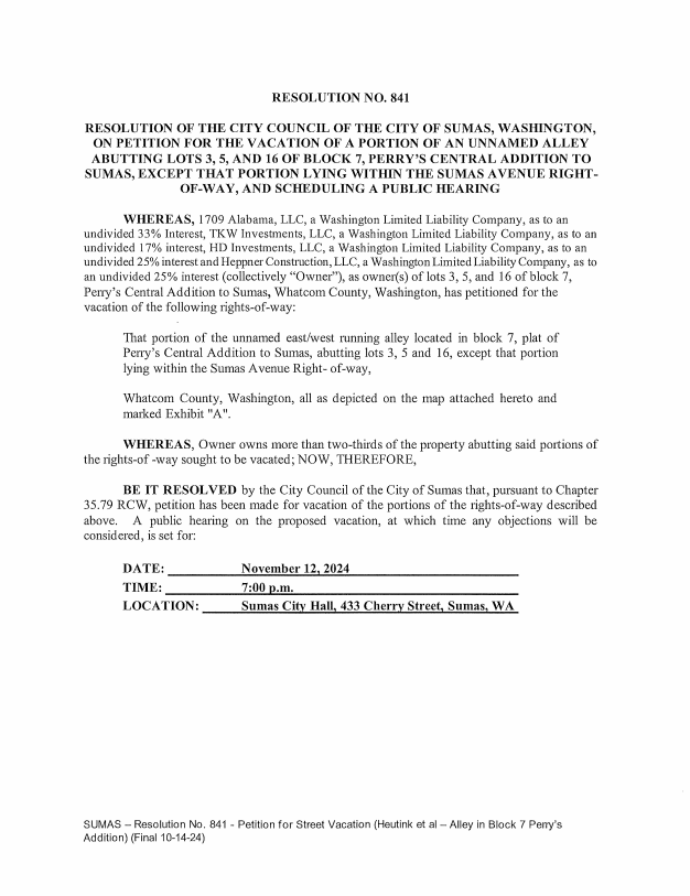 Resolution 841 City of Sumas Washington