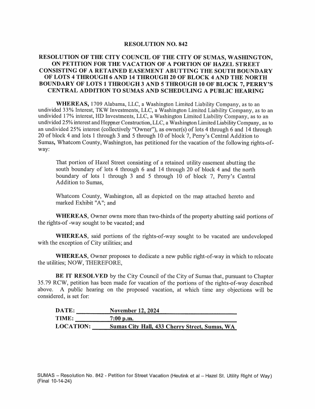 Resolution 842 City of Sumas Washington