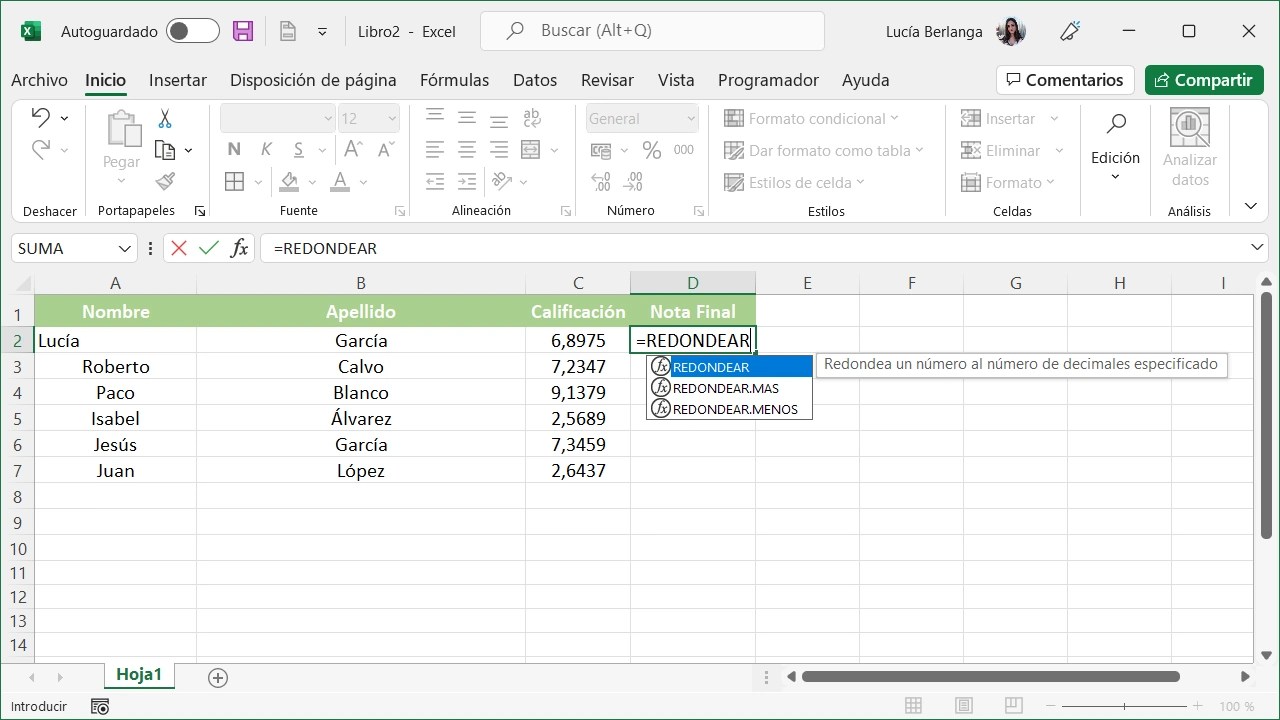 Cómo redondear en Excel con la función REDONDEAR