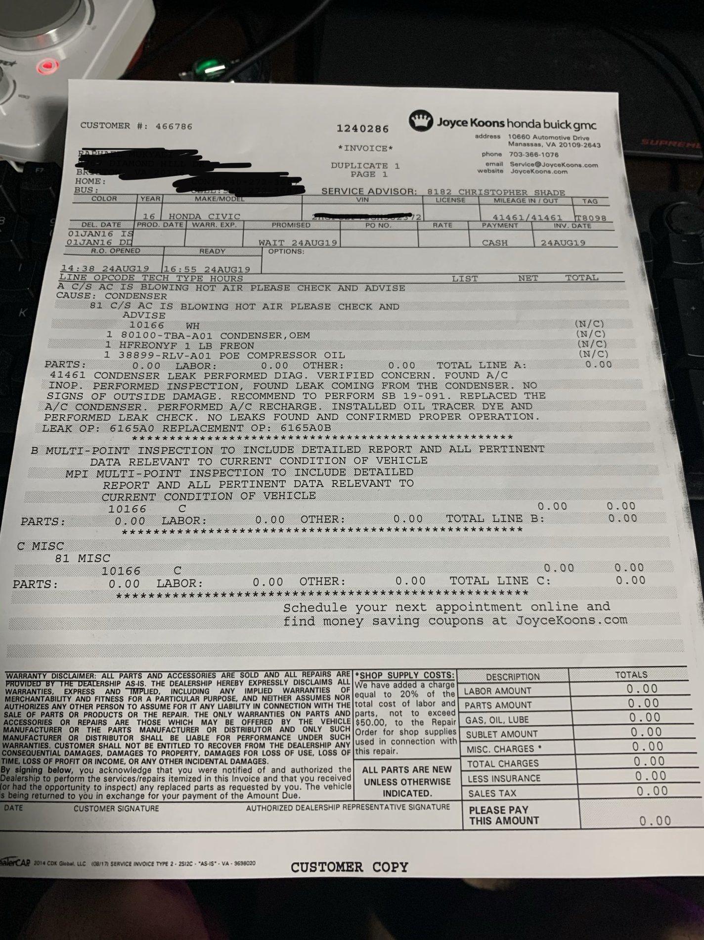 New Ac Condenser Leaking Tsb 19-091 | Page 5 | 2016+ Honda Civic Forum (10Th Gen) - Type R Forum, Si Forum - Civicx.com