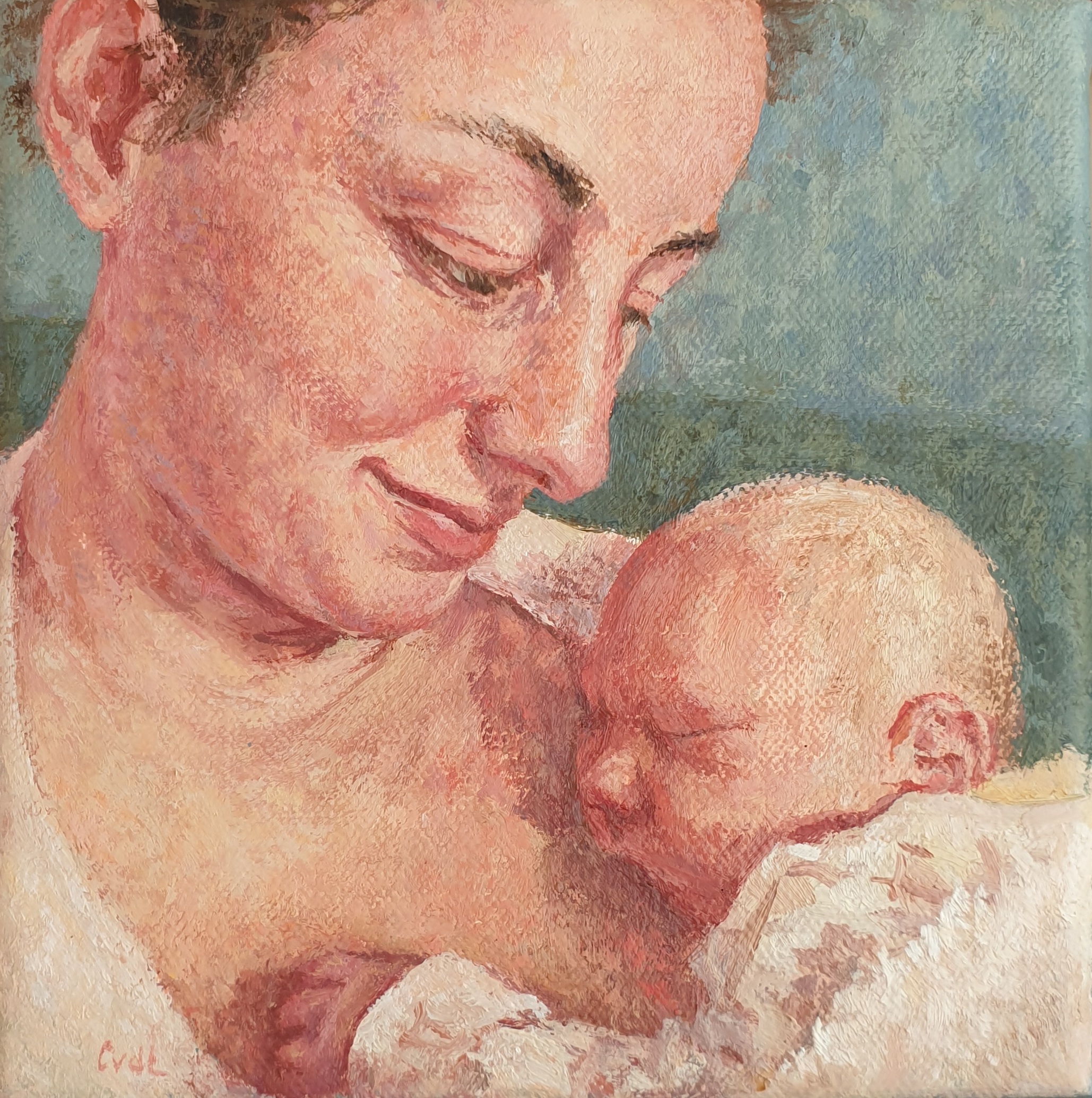 Moeder en kind, olieverf op linnen, 13x13 cm, 2021 [in opdracht]