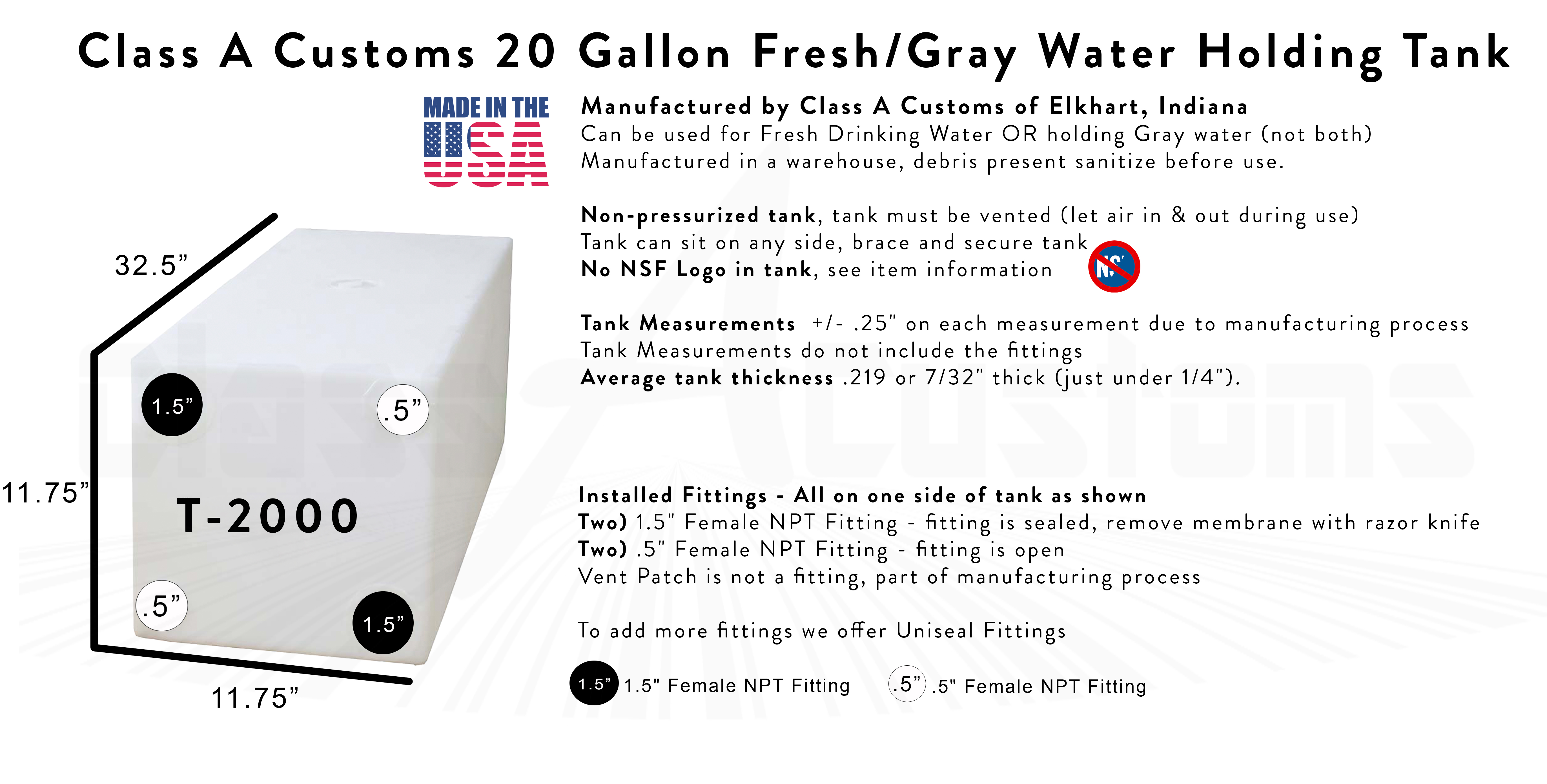 Class A Customs 20 Gallon Fresh / Gray Water Holding Tank classAcustoms