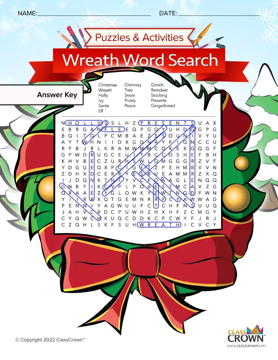 Christmas Wreath Word Search - Puzzles | ClassCrown