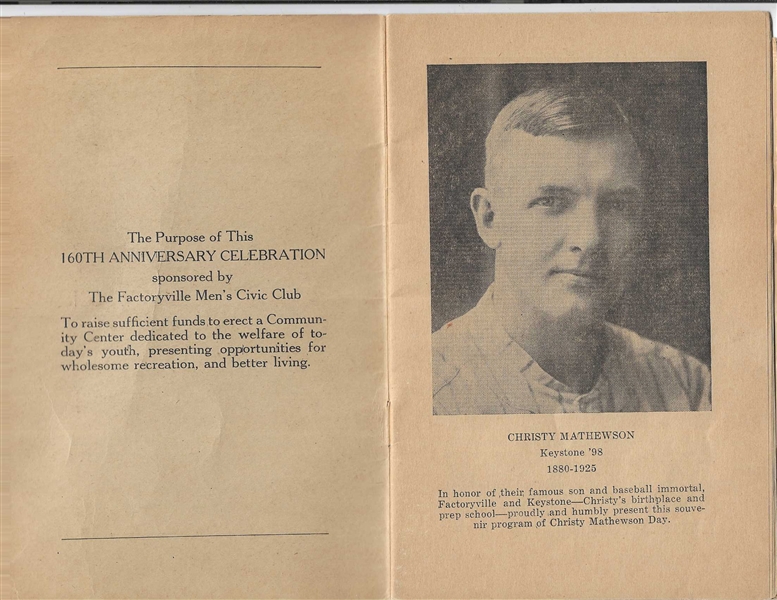 Lot Detail 1947 Christy Mathewson (HOF) Day Program at Factoryville, Pa.