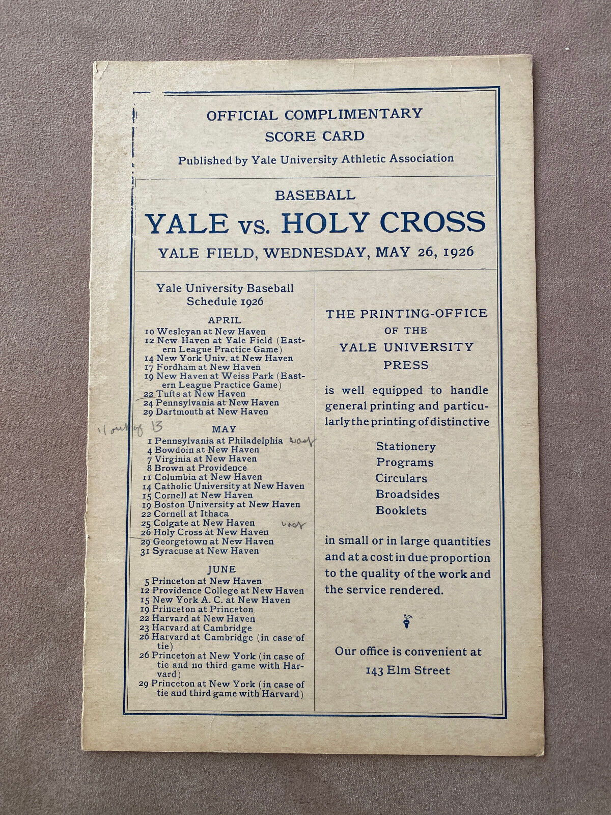 Lot Detail 1926 Yale vs. Holy Cross Baseball (4) Page Fold Open Scorecard