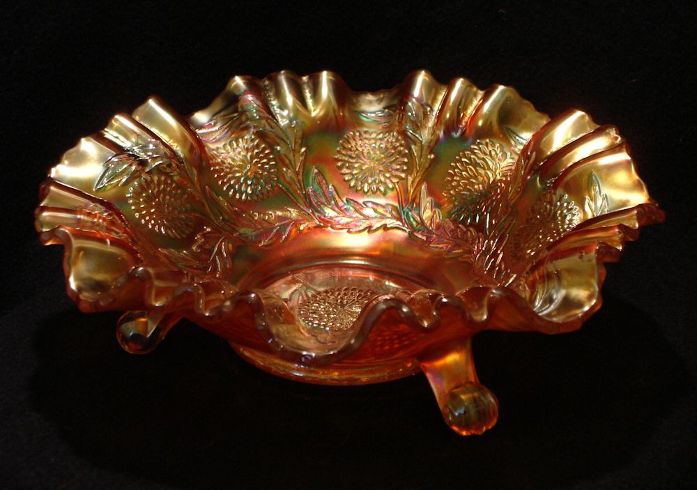 Fenton Ten Mums rare Footed Bowl Marigold Carnival Glass Three in One