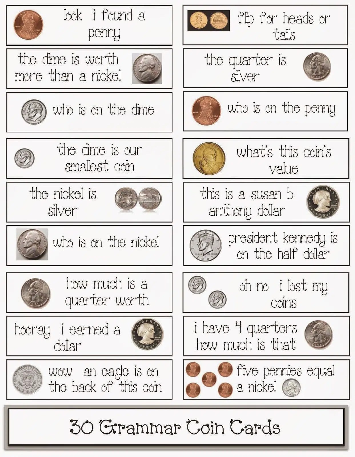 30 CoinThemed Grammar Cards Classroom Freebies