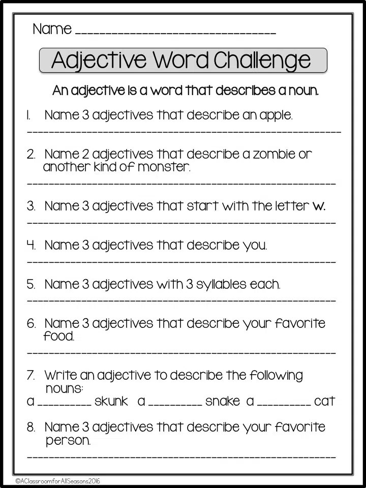 Adjective Word Challenge Classroom Freebies