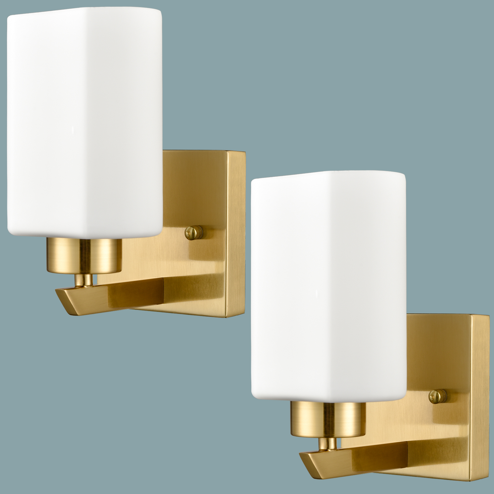 set of 2 brass gold wall sconce with milky white glass shade
