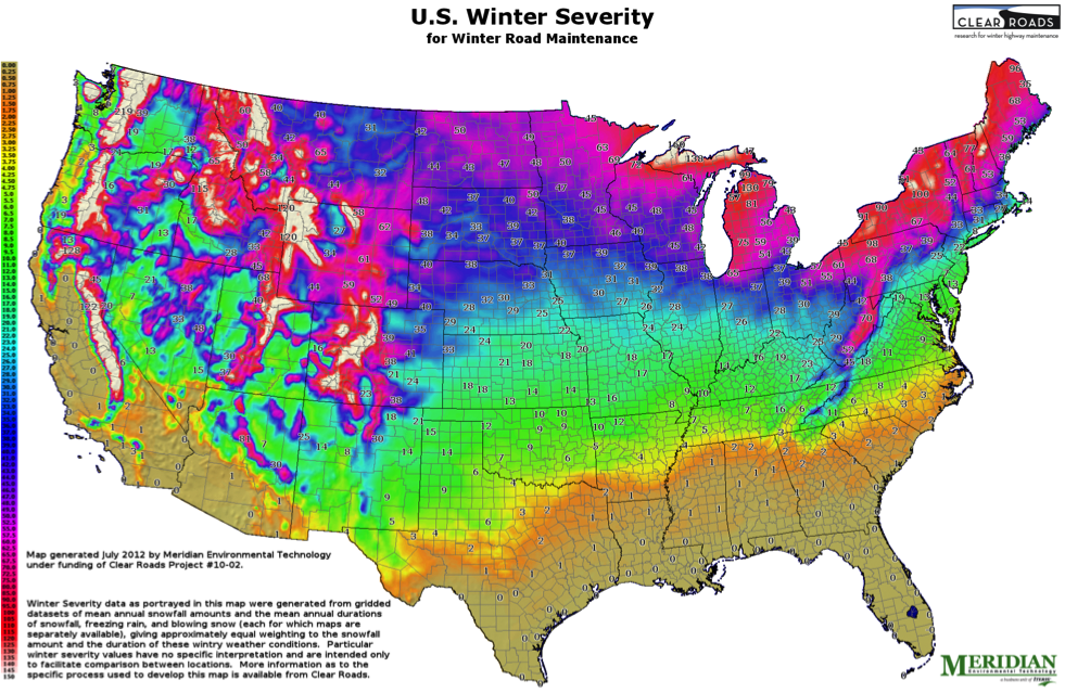 Winter Severity Index (WSI) (climate, snow, ice, average) Weather Temperature, sun, sunlight
